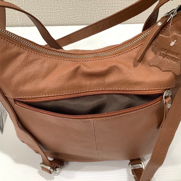 Genicci Leather Womens Convertible Backpack Tote Purse Bag Brown Cognac NEW - Picture 5 of 9